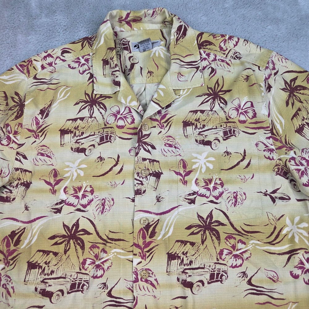 Sportif USA Silk Camp Shirt Mens M Tropical Woodie Car Island Print Yellow